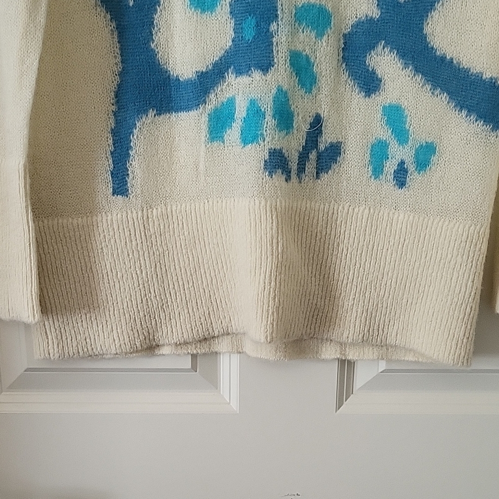 MD'M Ivory Mohair-Blend V-Neck Sweater with Turquoise Pattern Women Size M - Picture 6 of 9